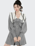 Zjkrl - Kawaii Preppy Style Dress Women Bow Belt Elegant Vintage Dresses Puff Sleeve Sailor Collar Long Sleeve Gray Robe Korean