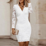 Zjkrl - Fall Fashion Perspective Lace Long Sleeve Party Dress Patchwork Women Casual Dress White Elegant Embroidery Slim Fit Mini Dress