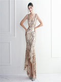 Zjkrl - Elegant Women Beading Sleeve Long Prom Mermaid Dress Sexy Deep V Neck Sequin Evening Party Maxi Dress