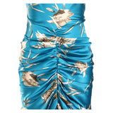 Zjkrl Women Cowl Neck Satin Ruched Floral Print Dress Sleeveless Bodycon Skinny Elegant Dress Midi Party Dress Robe Longue Femm
