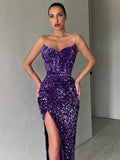 Women Evening Slip Dress 2023 Elegant Luxury Woman V-neck High Waist Tunic Midi Wedding Birthday Party Sequin Dresses Purple Red