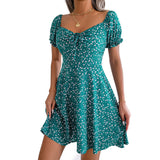 Zjkrl - 2023 New Casual Short Sleeve Square Neck Lace-up Dress Retro Women Floral Printed Mini Dress Ladies Fashion Slim Office Dresses
