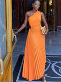 Zjkrl Lady Roll Waist Sleeveless Pleated Ruched A-line Dress Women One Shoulder Sexy Prom Evening Dresses New Fahion Chothing