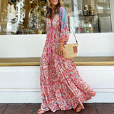 Zjkrl Retro V-Neck Batwing Sleeve Long Dress Sexy Hollow Out High Waist Slit Boho Dress Women Elegant Floral Print Pleated Beach Dress