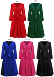 Zjkrl - Dress for Women Solid Color V Neck Long Sleeve Slim-fitting Pleated Dress Spring Summer Temperament Elegant Evening Party Skirts