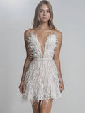Zjkrl Sexy Feather Spaghetti Strap Dress Women Summer Deep V-Neck Female Mini Dresses Fashion Evening Party Club Elegant Lady Dresses