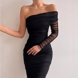Sexy Diagonal Collar Wrap Mesh Long Dresses Women One Shoulder Sleeve Waist Solid Party Dress Autumn Dignified Bridesmaid Dress