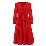 Zjkrl - Dress for Women Solid Color V Neck Long Sleeve Slim-fitting Pleated Dress Spring Summer Temperament Elegant Evening Party Skirts