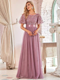 Zjkrl 2023 New Women's Burgundy A-Line Sequin Mesh Leaf Maxi Prom Dress Sparkle Evening Dresses O-Neck Short Sleeve Long Dress