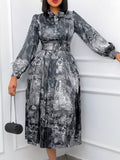 Zjkrl Women Printed A Line Dresses Long Lantern Sleeves with Bowtie Vintage Retro Pleated Modest African Ladies Spring Classy Elegant