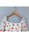 Zjkrl - 2023 Women French Style Rose Flower Print Satin Dress Vintage Puff Long Sleeve Ladies Holiday Mini Robe