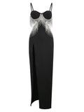 Zjkrl Sexy Spaghetti Tassel Diamond Tight Dress Maxi Club Luxury Bodycon Dress Backless High Slit Dress Celebrity Evening Party Dress