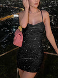 Zjkrl - 90s Rave Outfit Glitter Cowl-Neck Lace Up Sequins Dress Y2K Clubwear Sexy Backless Bodycon Strape Mini Dress Party Cloth
