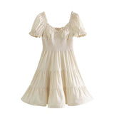V Neck Elastic Beige Cotton Summer Dress Short A-line Solid Cute Short Sleeve Dress Vestido New White Dress