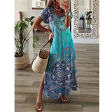 Zjkrl Vintage Print Maxi Dress Women 2023 Summer Elegant V Neck Short Sleeve Loose Split Casual Dress Female Party Boho Beach Vestidos