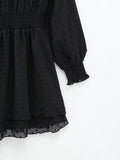 New Spring Women Ruffled Dotted Black  Dress Long Sleeve Elastic Waist Female Vintage Dresses Short Vestidos
