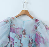 New Women Palace Style Floral Print Organza Dress Vintage Puff Sleeve Beautiful Girl Party Mini Robe Fairy Dress