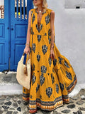 Printed Deep V Neck Loose Summer Beach Dress Fashion Boho Strap Draped Long Dress Women Casual Sleeveless Party Dresses New