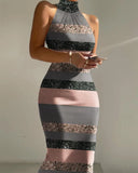 Zjkrl - Dresses For Women 2023 Spring Summer High Neck Sleeveless Print Midi Dress Sexy Bandage Plaid Striped Pencil Elegant Vestidos
