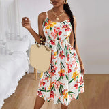 Zjkrl Women Square Collar Summer Spaghetti Strap Dresses Casual Floral Print Sleeveless Short Dress Female Loose Beach Sundress