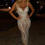 Zjkrl Lady Deep V Strapless Tight Sequin Dress Chic Tassel Hip Wrap Club Dress Summer Sexy Sleeveless Slim Solid Evening Dress Vestido