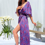 Zjkrl - Elegant Casual Long Dress Ruffles Slit A Line Sexy Deep V Neck Print Floral Vestidos Boho Evening Prom Maxi Dress