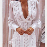 Zjkrl - 2023 New Women Autumn Boho Fashion Elegant Dresses Sexy V Neck Solid Sheer Mesh Long Puff Sleeve Butterfly White Lace Mini Dress