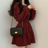 Zjkrl Women Long Sleeve Dresses Solid Color Square Collar A-line Sweet Vintage Design High Waist Mini Length Soft Chic Korean Elegant