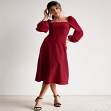 Zjkrl - Churses Red Party Dress New Year Fashion a Line Women Dress Puff Sleeve Zipper Square Collar 2023 New Midi Length Autumn Winter