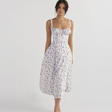 Zjkrl Floral Printed Women Dress 2023 Summer Elegant Solid Slim Sleeveless Slip Female Side Split Waist Lady A-line Robe