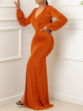 Zjkrl - Elegant Evening Dresses Long Patry Gown Sexy Deep V Long Sleeve Mermaid Bodycon Split Maxi Robe Femme