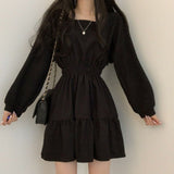 Zjkrl Women Long Sleeve Dresses Solid Color Square Collar A-line Sweet Vintage Design High Waist Mini Length Soft Chic Korean Elegant