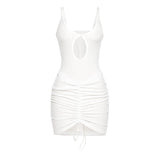 Zjkrl Sexy Hollow Out Mini Dress Women Fashion Strap Ruched Bodycon Beach Dresses 2023 Summer White See Through Night Club Outfits