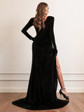 Zjkrl - Fall Outfits Woman Chic Elegant Tunic Long Maxi Formal Party Dress Female High Waist Slit Velvet Evening Cocktail Dress