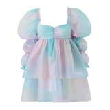 Zjkrl - 2023 Women Gradient Rainbow Print Organza Dress Vintage Puff Sleeve Sexy Backless Ladies Party Mini Robe Fairy Cake Dress