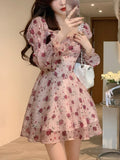 Zjkrl - 2023 Summer Sweet Elegant Short Party Dress Korean Fashion Floral Mini Dress Beach Long Sleeve Casual Vintage Dress Woman Chic