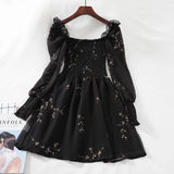 Zjkrl - Korean Vintage Flower Black Dress Women Long Puff Sleeve Chiffon Spring Dresses Casual Mini Dress Vestidos Mujer Clothes