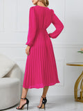 Zjkrl - Dress for Women Solid Color V Neck Long Sleeve Slim-fitting Pleated Dress Spring Summer Temperament Elegant Evening Party Skirts