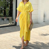 Women Summer Dress Casual Loose Pleated Design Short Sleeve With Button Lapel Lace-Up Solid Shirt Dresses