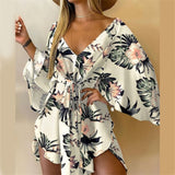 Sexy Large V Neck Bat Sleeve Dresses Casual Women's Spring Summer Fashion Print High Waist Lace-up Cotton Slim Fit Ladies Dressy