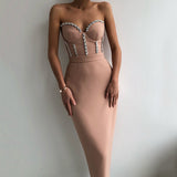 New Women&#39;S Fashion Bead Chain Crystal Design Long Dress Sexy Sleeveless Backless Celebrity Party Bandage Dress