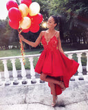 Spaghetti Straps High Low Homecoming Dress With Appliques V Neck Red Satin Cocktail Dresses Short Front Long Behind Prom Dresses