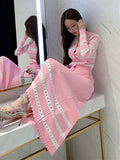 New Korean Fashion Casual Striped Knitted 2 Piece Set Women Sweater Cardigan Tops + Long Skirt Sets Female Sweet Two Piece Suits
