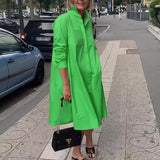 Zjkrl - Autumn New Simple Shirt Dress Casual Solid Color Long Sleeves Fashion Turn-down Collar Elegant Pocket Streetwear Female Dresses