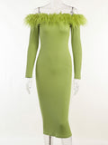 Slash Neck Off Shoulder Feather Long Sleeve Bodycon Autumn Dress Sexy Elegant Women's Midi Evening Wedding Party Dresses Green