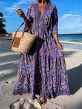 Zjkrl Female Summer Floral Print Long Party Dress New Sexy V Neck Waist Folds Beach Dress 2023 Vintage Backless Loose Bohemia Dresses