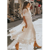 Zjkrl - Happie Queens Women Solid Short Sleeve Beach Sexy Lace Bohemian Maxi Dress Ladies V-neck Boho Sundress Vestidos