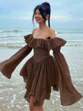 Zjkrl Elegant Chiffon Corset Dress Brown Flare Long Sleeve Mini Dresses Vacation Short Party Dress Ruffles Slash Neck Outfit