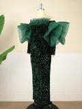 Zjkrl - Cocktail Dresses For Women Evening Party Women's Green Dress Formal Off Shoulder Sequin Velvet Long Dress Fall Winter Elegant Sparkly Birthday Party Cocktail Even Gown