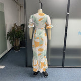 Zjkrl Women Maxi Dress Summer Stylish Print Short Puff Sleeve V Neck Nipped Waist Slim Single Row Button Beach Party Dresses